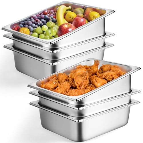 6 Pack 1/2 Half Size Hotel Pan, 4'' Deep Steam Table Pans, 12.8''L x 10.4''W Stainless Steel Pans for Home, Party, Hotel, Buffet