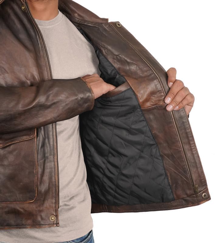 Mens Indiana Vintage Leather Jacket - 1930s Collar Distressed Style Mens Motorcycle Jacket Brown Leather Coat3