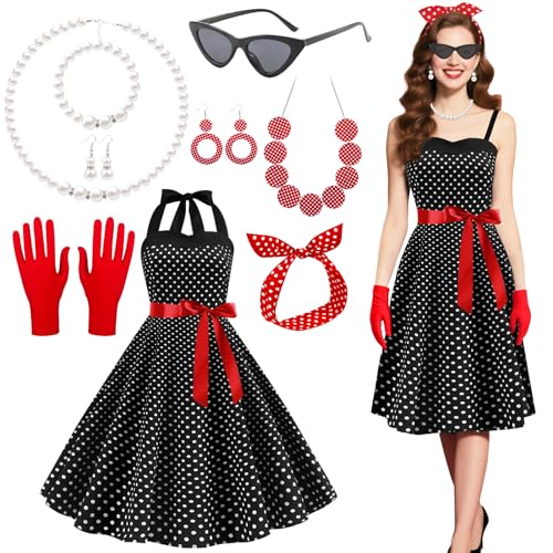 9 Stück Rockabilly Accessoires für Damen, 50er Jahre Vintage Kostüm Zubehör Set mit Gepunktetes Kleid Stirnband Brille Handschuhe Halskette...