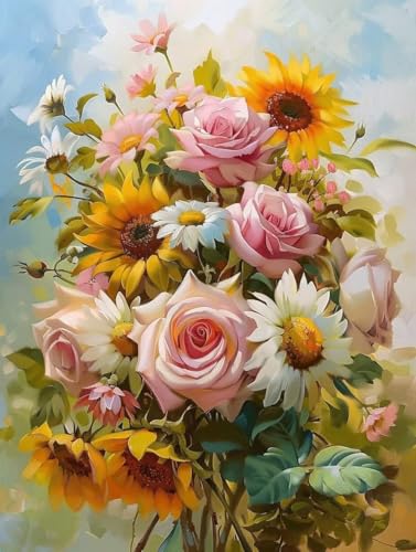 Diamond painting adulte tournesol et roses broderie diamant kit complet 90x120cm T0-764