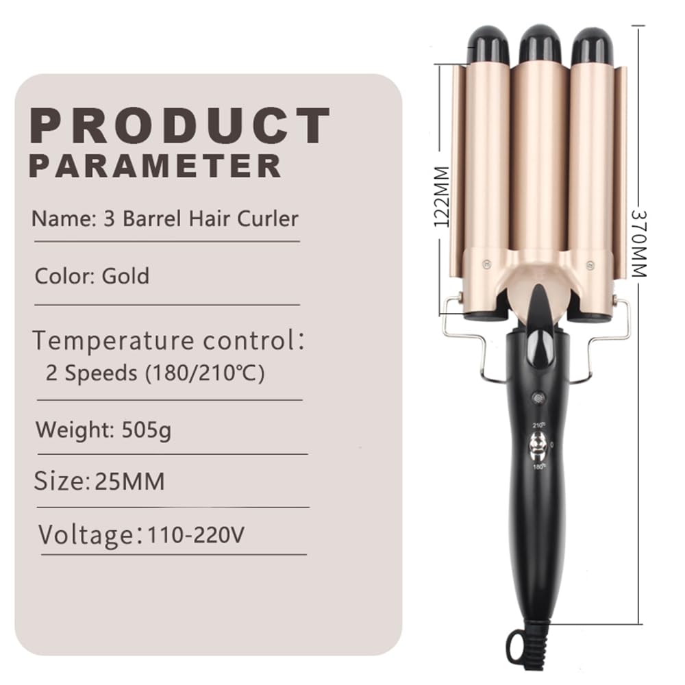 Rizador Pelo Ondas Plancha Ondas, rizador con 3 barriles con 2 temperaturas ajustable (180℃-210℃), rizador de pelo ondulado de 25 mm para el peinado largo/corto