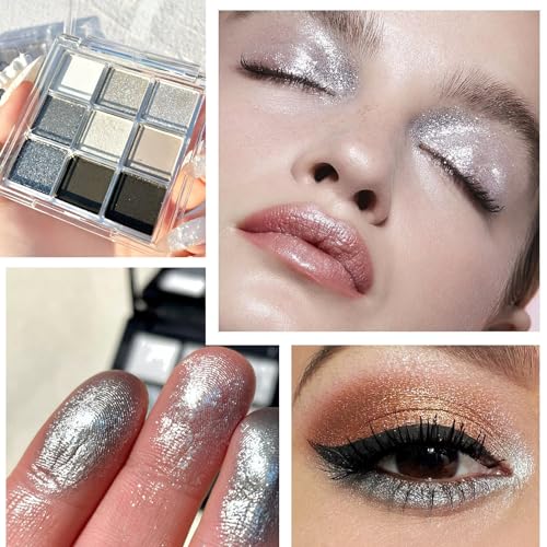 Black Eyeshadow Palette, Smokey Silver Glitter Gothic Eye Shadows Palettes White Grey Matte Cold Toned Long Lasting Waterproof Eye Shadow Pallets for Women Girl Goth Halloween Christmas Make Up Gifts - Image 4