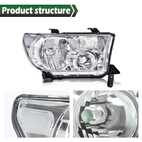 Image of GRAND ORANGE Headlights Assembly Compatible with Toyota Tundra 2007-2013, Fit Toyota Sequoia 2008-2017 Left & Right Headlamps, Clear Lens Chrome Housing Clear Reflector, 811100C051