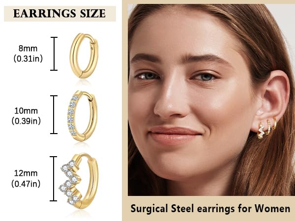 Surgical Steel Huggie Hoop Earrings Set for Multiple Piercing,Hypoallergenic CZ Small Earrings for Women Waterproof and Non Tarnish4