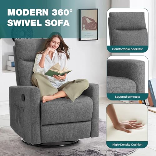 Swivel Rocking Recliner Chair with Extra Large Footrest High Back, Upholstered Glider Nursery Chair for Living Room, Bedroom & Nursery, Comfortable Deep Seat for Relaxation, Grey - Image 6