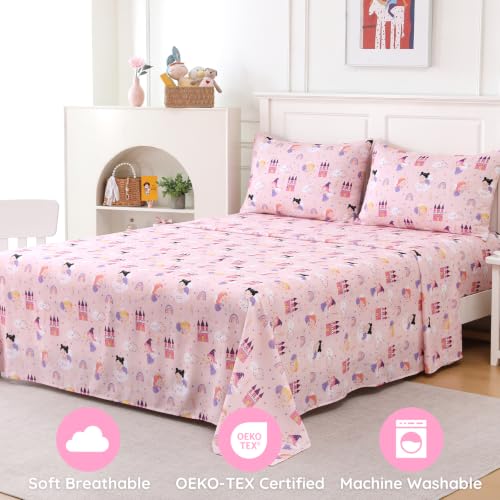 MCO Pink Princess Kids Twin Sheet Set, 3 Piece Soft Microfiber Kids Twin Size Bed Sheets, Oeko-TEX, 16" Deep, Won't Pop Off, Breathable & Machine Washable, Cute Bedding Set for Girls Boys - image 2