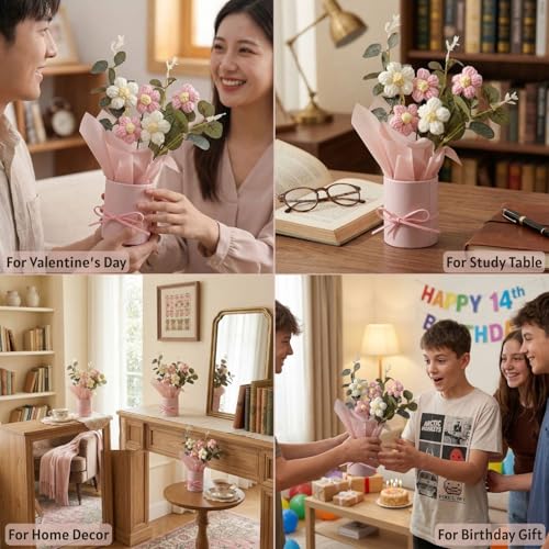 Image of 1Pcs Artificial Crochet Flower Bouquet /Artificial Flowers Bunch /Crochet Flowers Bouquet /Crochet Flowers /Flower Bouquet Gifts for Girls, Home Decor, Gifting (Pink Daisy Bouquet)