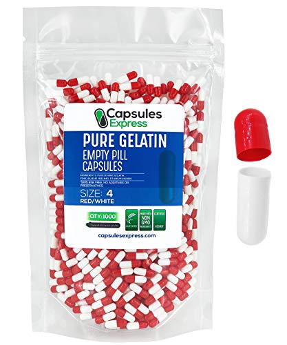 XPRS Nutra Size 4 Empty Capsules - 1000 Count Colored Empty Gelatin Capsules - Capsules Express Empty Pill Capsules - DIY Supplement Capsule Filling - Fillable Color Gel Caps Pills (Red/White)
