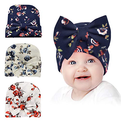 Jhua Nursery Newborn Caps Hats, 3 Pack Baby Girl Hat with Bow Newborn Hospital Hat Floral Print Baby Girl Newborn Baby Beanie Hat Soft Cute Knot Nursery Beanie Infant Newborn Baby Hat