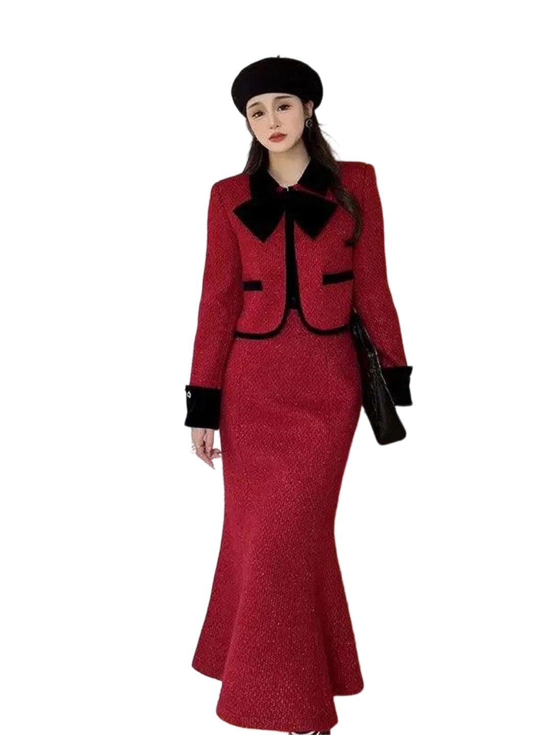Women Tweed Short Jacket Suit Skirt with Fishtail Two-Piece Sets Office
