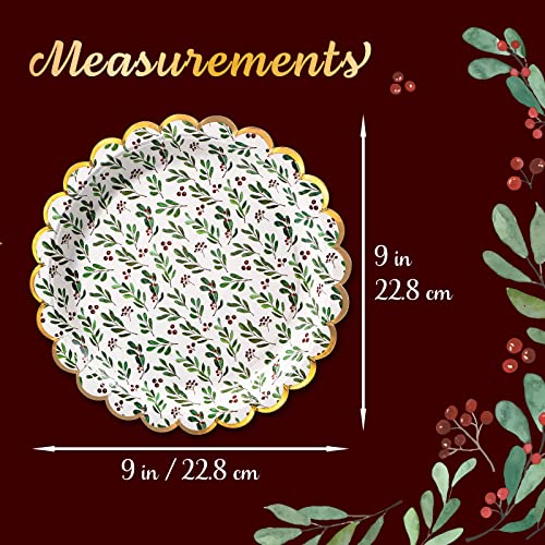 Christmas Paper Plates, 50-Count Disposable Christmas Party Supplies, Holly, Gold Foil Scalloped Edge, 9 Inches – Image 5