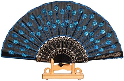 Luxsea Plastic Sequins Flower Pattern Hand Holding Folding Fan Embroidered