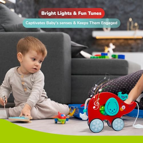Image of R for Rabbit Orapple Trunky Musical Pull-Along Toy for Baby with Lights & Smooth Wheels |Encourages Walking, Balance & Coordination | Motor Skill Development 12+ Months Kids (Red Blue)