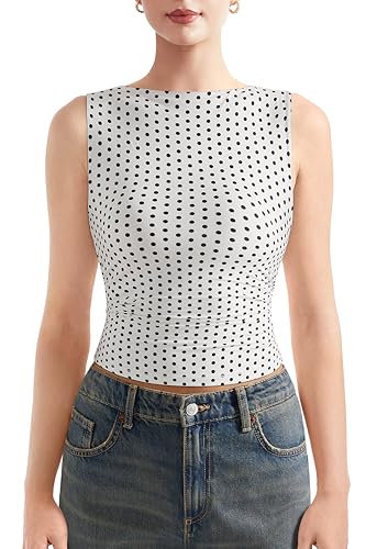 SUUKSESS Women Double Lined Sleeveless Going Out Basic Tank Tops Ruched Summer Casual T Shirts (Polka Dots, Large)