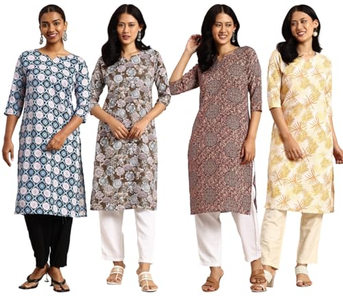 Image of JAKHANA Women's Crepe Printed Casual Straight Calf Length Round Nick Kurta Pack of 4