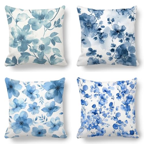 Flor Funda Cojin 65x65cm Juego de 4, Azul Fundas Cojines Exterior Impermeable Lino Cuadrado Decorativos Cushion Covers con Cremallera Invisible para Sofá Jardín Balcón Hogar Home Decor, Regalos KI-G