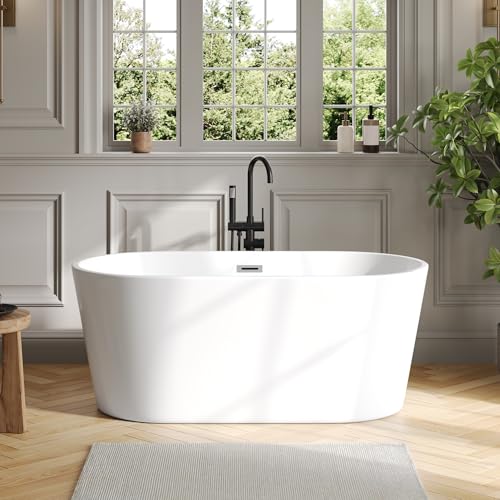 DeerValley 55" Acrylic Freestanding Bathtub, Deep Soaking Tub with Center Drain & Integrated Overflow, White Standalone Shower Tub Ergonomic Design, DV-1T0582