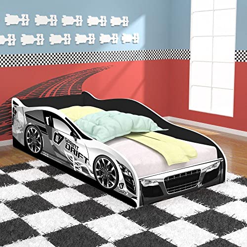 Cama Infantil Carro Drift 150x70 cm com Colchão - Branco/preto - Rpm Móveis