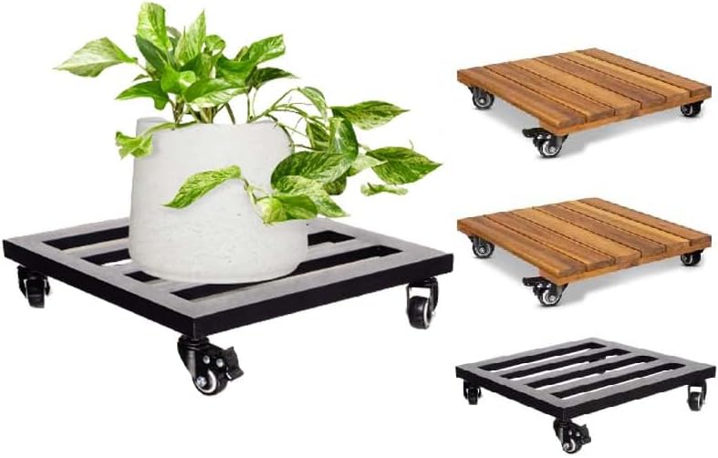 Set of 3 Idzo Plant Caddy with Wheels, 2 pack Acacia Hardwood Plant Stand with 360° Lockable Wheels, 1 pack Metal Plant Stand with Wheels Load Capacity 385 Lbs.