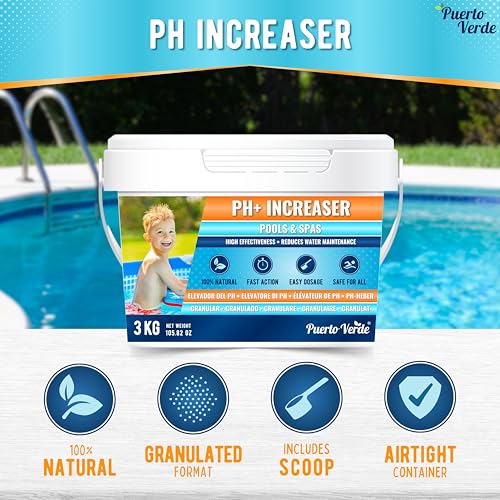 Puerto Verde • pH Heber für Pools 3 Kg. pH+ Korrektur für Whirlpools und Spas. pH Plus Regulator in Granulatform. Hermetischer Eimer. Inklusive Dosierbecher. Europäische Produktion.