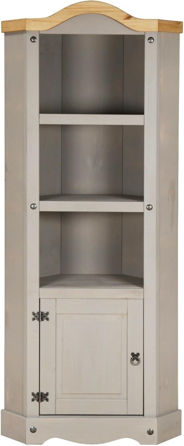 Mews Corona Grey Wax Corner Storage Display Unit - Mexican Pine, Rustic, Distressed, 188 x 74.4 x 36.4 cm, (COROCUPIN)