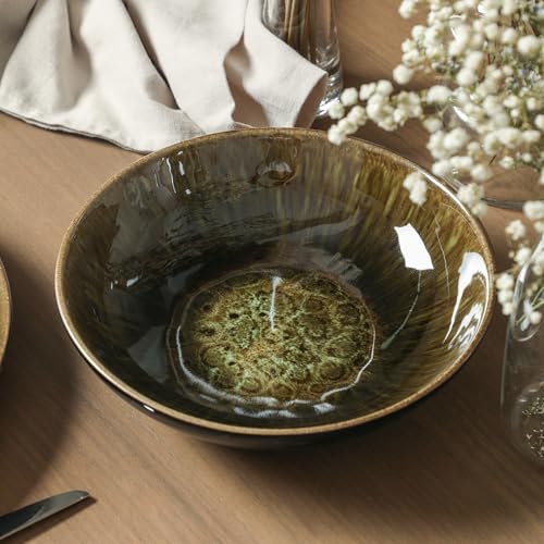 Image of Stone Lain Riley 4-Piece Pasta Bowl Set Stoneware, Bowls, Dishwasher and Microwave Safe, Dish Set for 4, Black and Green