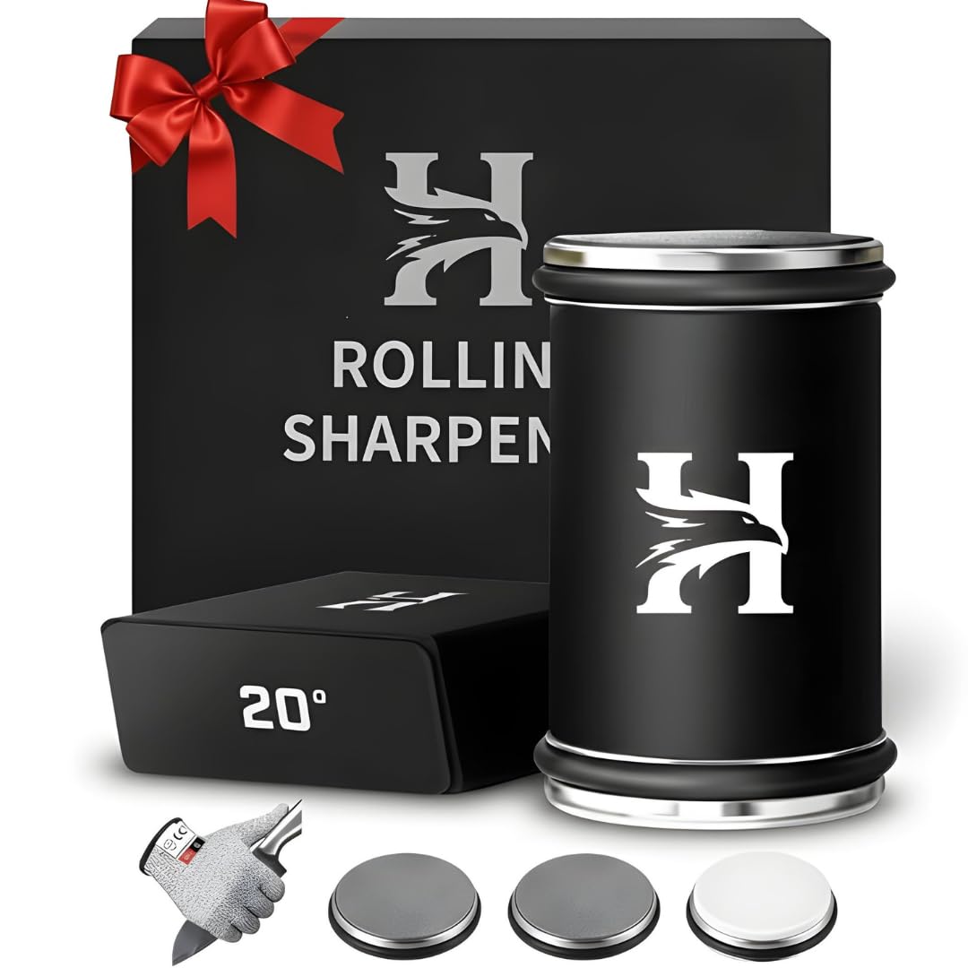 High Carbon Stainless Steel Rolling Knife Sharpener with 400, 1000 & 3000 Replacement Discs - Blunt Knife Sharpening Kit with 15 and 20 Degree Sharpening for Kitchen & Chef's Knives (Black)