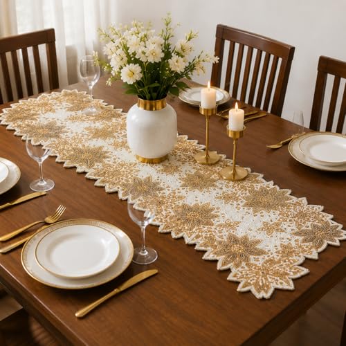 Image of Made for You Beaded Handmade Table Runner 13x36 Inch Yellow Sunflower Design | Decorative Rectangular Table Runner for Dining Table, Center Table, Coffee Table