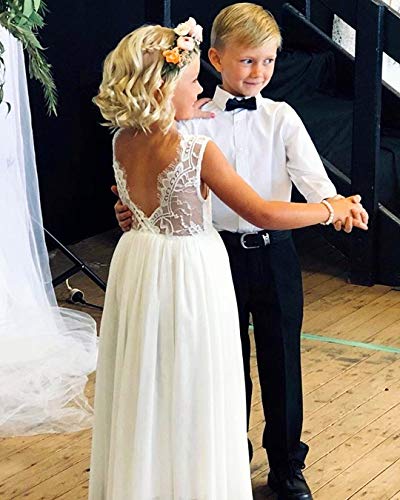 2Bunnies Girl Rose Lace Back A-Line Straight Tutu Tulle Party Flower Girl Dresses (White Sleeveless Maxi, 4T) #TOP1