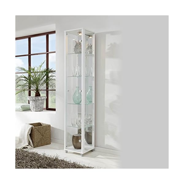 LOCKABLE Fully Assembled HOME White Single Glass Display Cabinet, 4 Glass Shelves, Mirror Back, Spotlight - Image 3