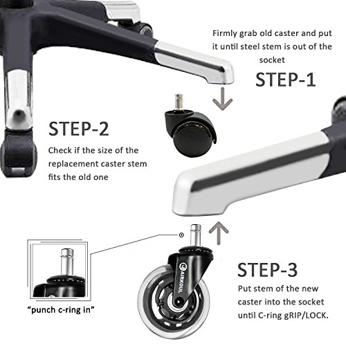AIRKOUL Office Chair Caster Wheels, 5Pcs 3 Inches PU Replacements Wheels Universal Fit Safe for Hardwood & Carpet Floor,Smooth & Quiet