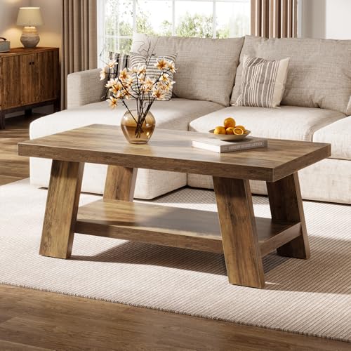 Tribesigns 47-Inch Farmhouse Coffee Table with Storage Shelf, Rustic Wooden