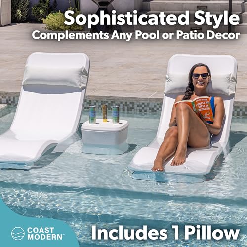 Image of Coast Modern White Outdoor Lounge Chair Pillow with Strap - Waterproof Headrest Pillow for Pool Lounger & Patio Chaise Cushion