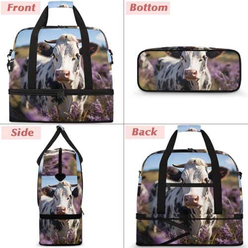 Large Weekender Overnight Bags Animal Cow Lavender Travel Duffel Bag for Women Men Gym Bag With Shoe Compartment Foldie Travel Tote Bag Carry On Personal Item Bag for Travel Gym Sports3