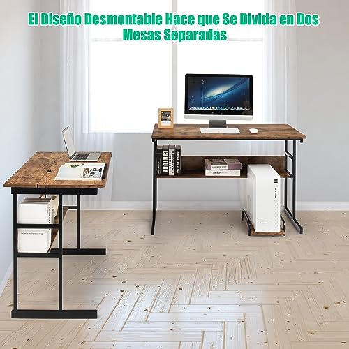 COSTWAY Escritorio Esquinero 170+150cm, Escritorio L con 2 Formas Divididas, Mesa de Dibujo Inclinable, Mesa Gaming L Grande con 2 Estantes Inferiores y Soporte, Oficina (Espresso) - imagen 5