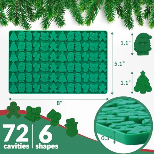 Image of HKNMTT Mini Christmas Candy Molds, Silicone 72 Cavity Chocolate Mold, Tree Santa Snowman Stocking Bell Gingerbread Shape Gummy Making Set, Food Grade for Gifts Cookies Dog Treats