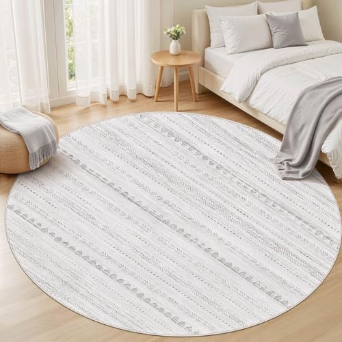 Nakagishi Round Rug Boho Area Rugs: 5x5 Washable Large Circle Neutral Soft Stain Resistant Non-Slip Carpet for Women Aged 25-45 Farmhouse Decor Enthusiasts - Living Room Bedroom Dining Room Nursery