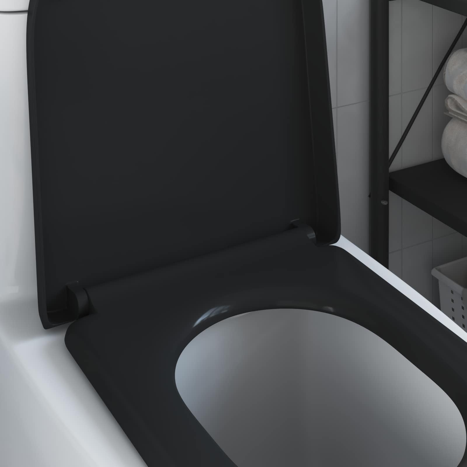 Sedile WC nero, 49 x 36 x 4 cm, in duroplast, con cerniera a abbassamento automatico, per bagno, appartamento, ospiti, WC di ricambio, ristrutturazione