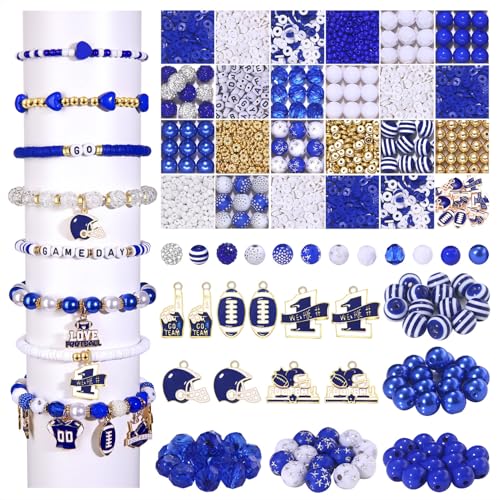 HSWE Game Day Beads Bracelet Kit Assorted Blue White Heishi Clay Pearl Letter Round Loose Beads Gold Spacer Beads with Sports Football Charms for DIY Bracelets Necklace Making