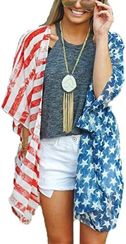 4th of July Women's American Flag Print Kimono Cover Up Tops Shir...