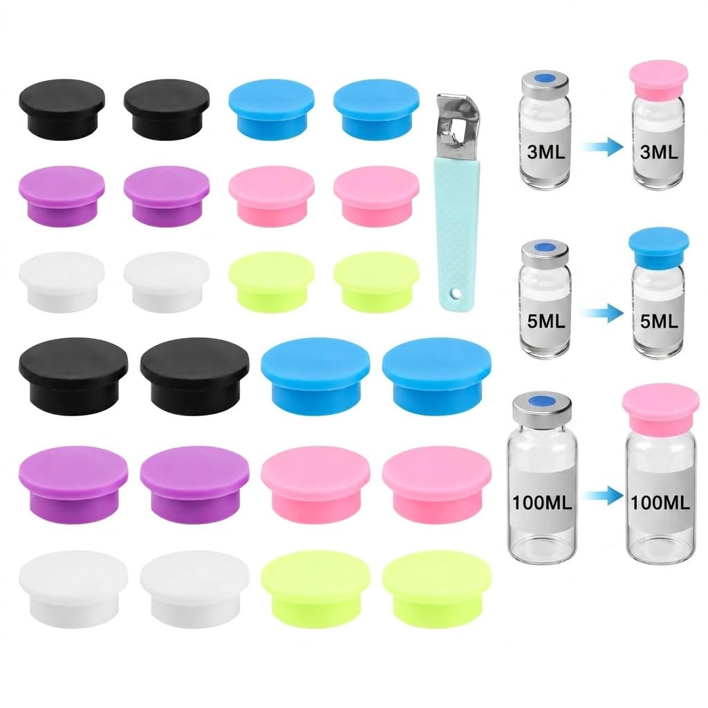 24 Pcs 3ml and 5-100ml Peptide Vial Caps, 6-Colors Silicone Vial Caps for Peptide Storage and Vial Boxes, Reusable Protective Covers for Lab Medical Home Organization