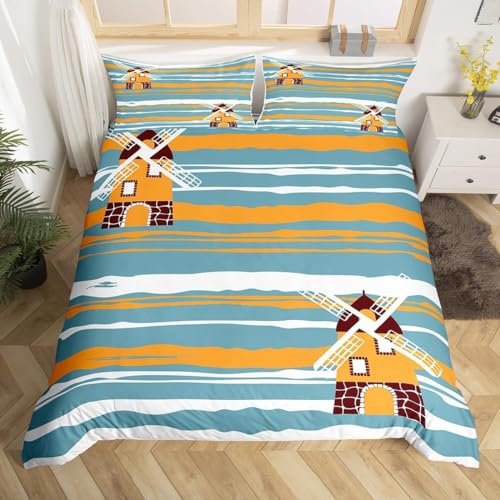 Sxakswol Duvet Cover King Size Blue Stripes Comforter Covers 3D Printed Windmill Country Theme Duvet...