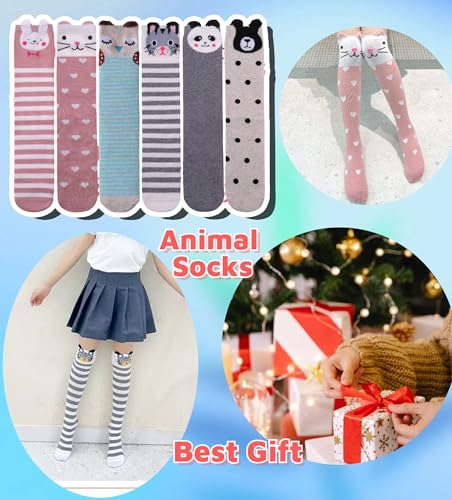 DXTON Girls Knee High Socks 6 Pairs: Kids Crazy Long Socks 3-12 years, Tall Boot Cute Animal Cotton Fun Gift3