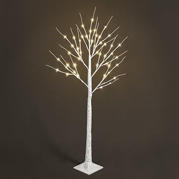CAPHAUS Pre-lit 4 Feet Birch Tree w/Warm White Lights, Full White Twinkling Tree, 48inch Full Artificial White Twig Tree w/ 48 LED Lights for Festival, Holiday Decoration Indoor, Lighted Brich Tree