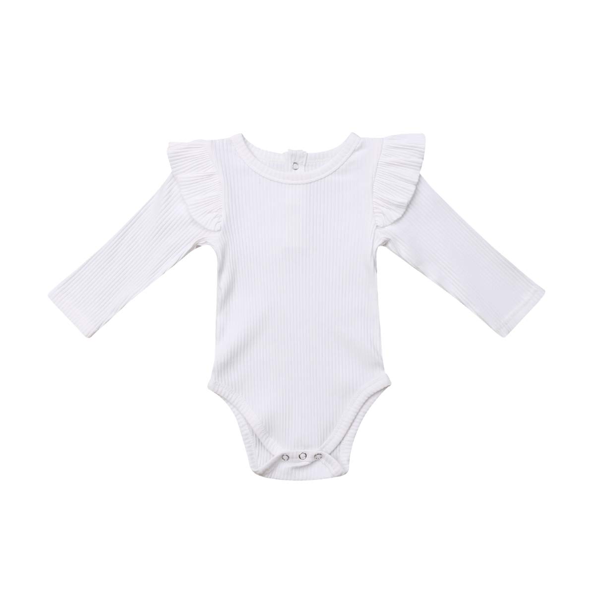 Newborn Baby Girl Boy Romper Rib Long SleeveCotton Ruffle Jumpsuit One Piece Bodysuit Outfits Fall and Winter Clothes (White, 12-18 Months)