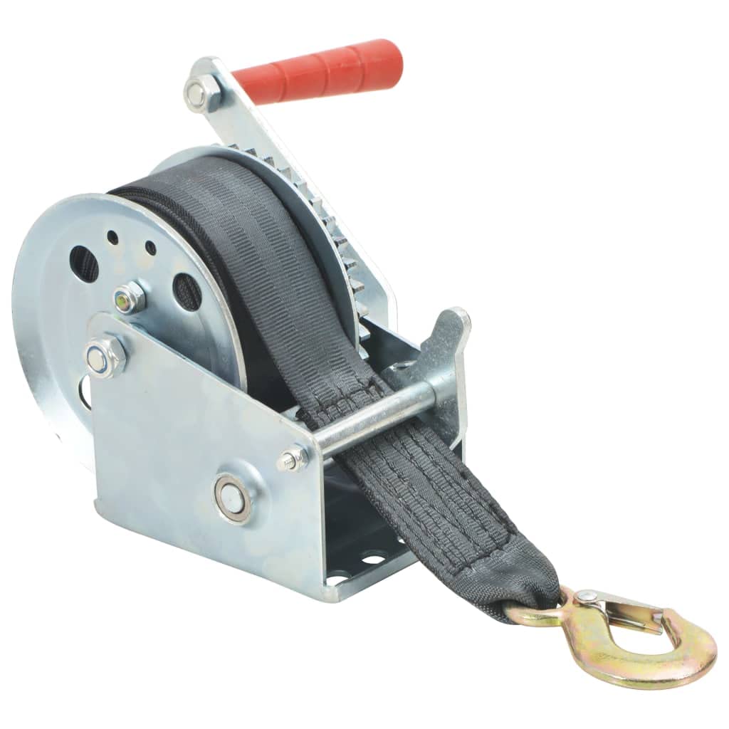 Verricello manuale con cinghia 540 kg, ferro e poliestere, cinghia da 7 m, rapporto 4,1 1, verricello di trazione con gancio di carico per rimorchi, officine, garage e fuoristrada