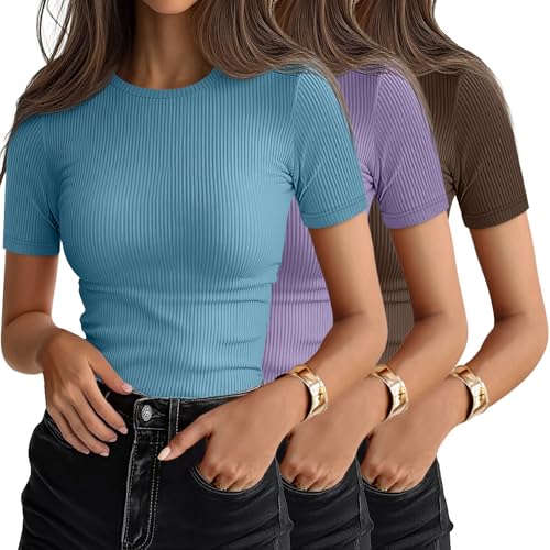 Ficerd 3 Pack Women's Ribbed Short Sleeve T-Shirts,Small,Mocha Brown, Taro Purple, Ocean Blue