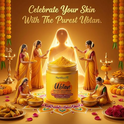 Image of HerbtoniQ Ubtan for Face & Body Pack | Haldi Ceremony Full Body Ubtan Powder for Deep Cleansing, Tan Removal, and Glowing Skin | Soap Alternative | Unisex | (500g Jar, 9 Herbs)