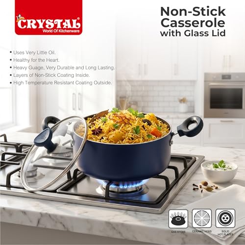 Image of Crystal Aluminium Non Stick Caserolle with Glass lid | PFOA Free | 320 mm | Blue