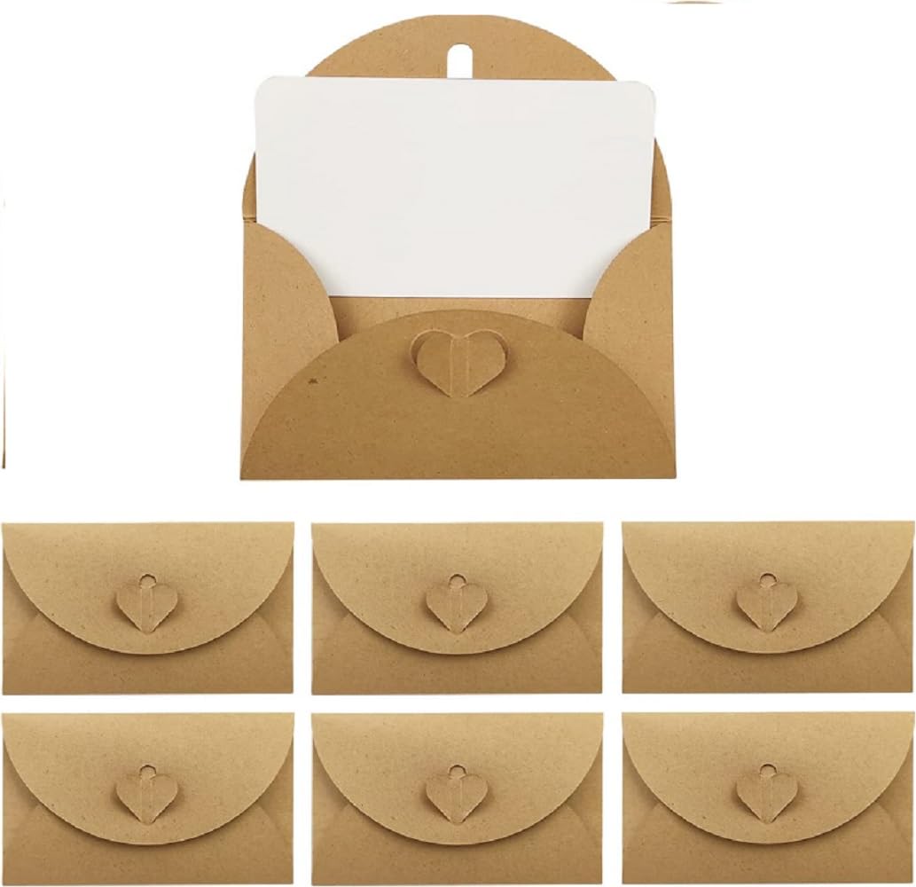 CAA Trading™ 20pcs Mini Gift Envelopes with Heart Clasp and White Mini Cards 7cm x 10cm Kraft Paper (10 Envelopes and 10 White Mini Cards)